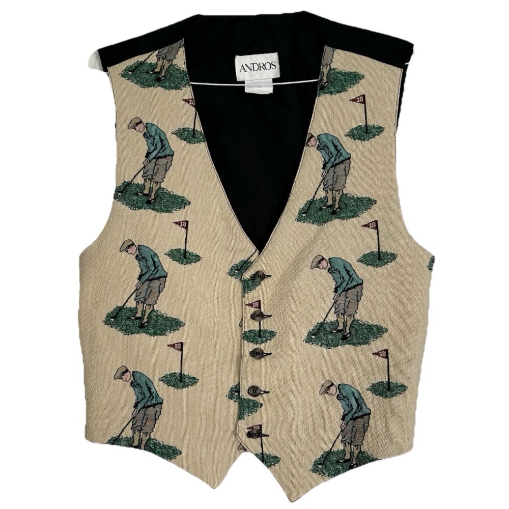Vintage 1980s Andros Golf Golfer Theme Vest Tapestey Beige Black Green Mens 1X